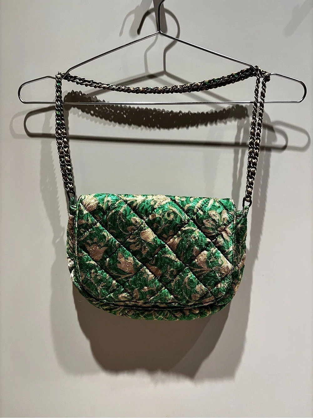 Sissel Edelbo Floral Quilted silk Shoulder Bag in Green & Gold chain